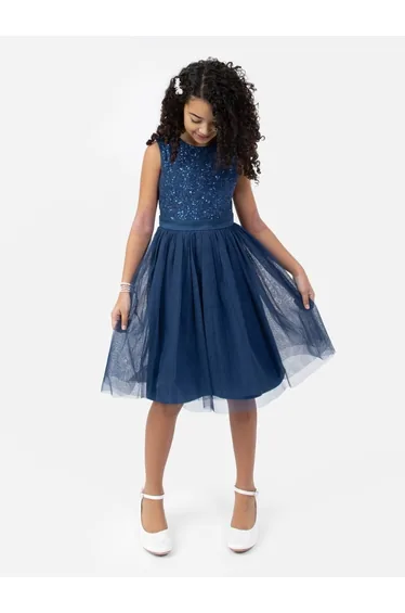 Mini Maya French Navy Delicate Sequin Midi Dress With Bow