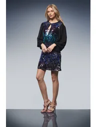 Multi Sequin Keyhole Balloon Sleeve Mini Dress