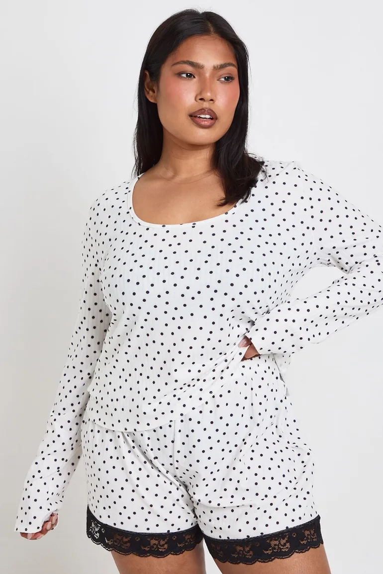 Plus Polka Dot Long Sleeve And Short Pyjama Set - black_white - 3