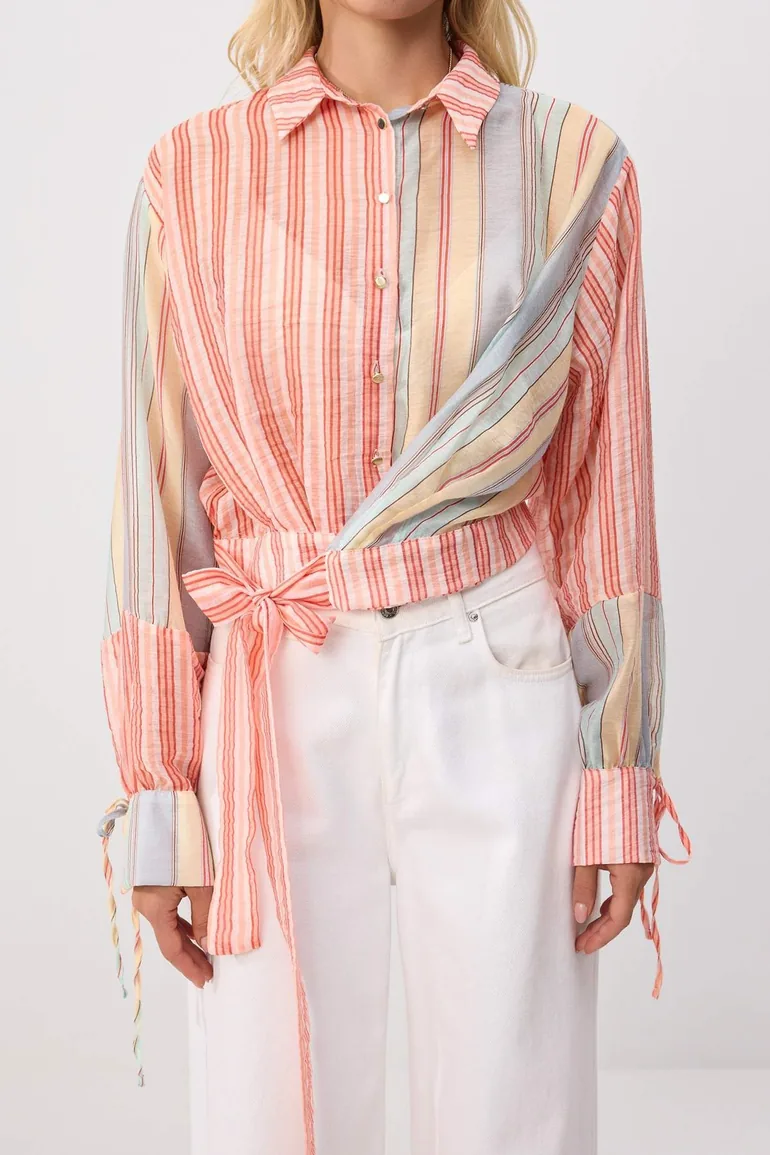 Pink-Multicolor Striped Front Tie Slightly Transparent Shirt - 5