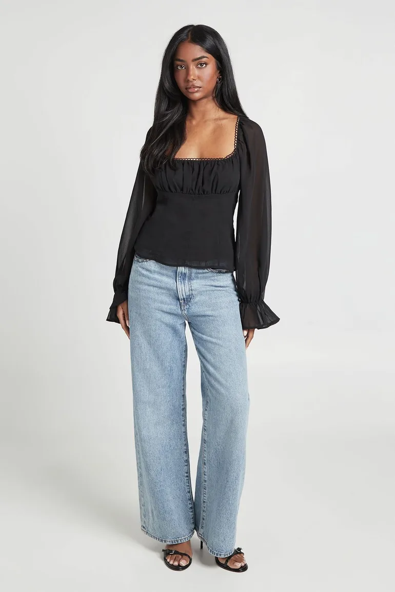 Ruched Corset Bust Woven Blouse - black