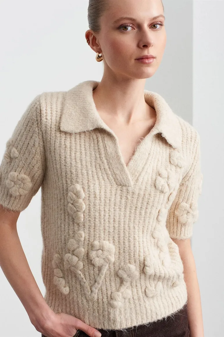 Dilvin Textured Ribbed Polo-collar Sweater - 3