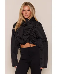 Petite Black Ruched Front Hooded Puffer