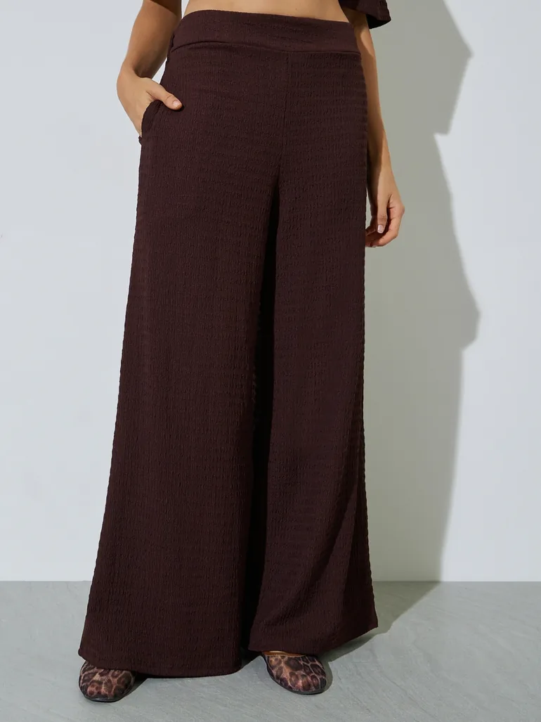Coffee Brown Textured Top and Wide Leg Trousers Co-ord Set - 4