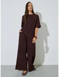 Coffee Brown Textured Top and Wide Leg Trousers Co-ord Set - 5