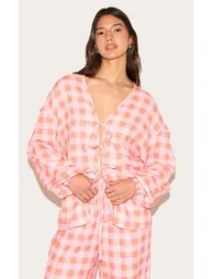 Orange Checked Cheesecloth Tie Front Long Sleeve Shirt