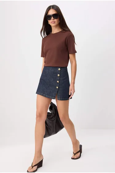 Brown Forehead Cotton Tuck Fabric Crew Neck Short Sleeve Regular Cut Knitted T-Shirt