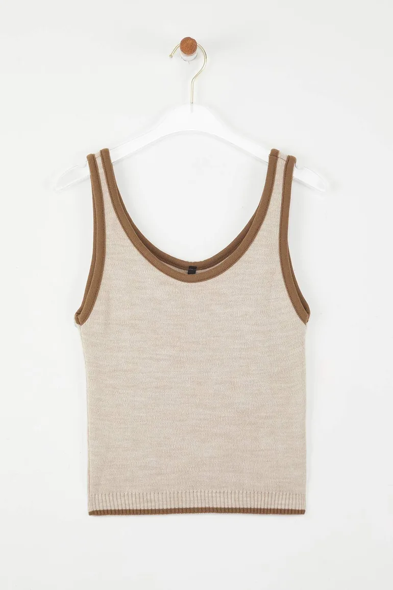 Beige Color Block Knit Cardigan - 3