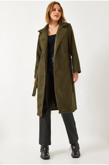 Women's Double Breasted Collar Belted Pocket Detailed Cashmere Coat
