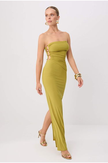 Oil Green Plain Woven Sandy Maxi Evening Dress & Graduation Dress