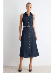 Dark Blue Halter Neck Sleeveless Midi Denim Dress