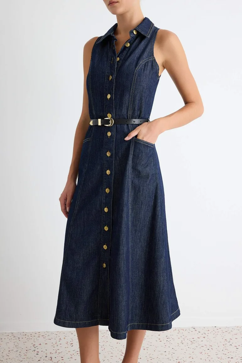 Dark Blue Halter Neck Sleeveless Midi Denim Dress - 2
