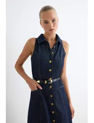 Dark Blue Halter Neck Sleeveless Midi Denim Dress - 1