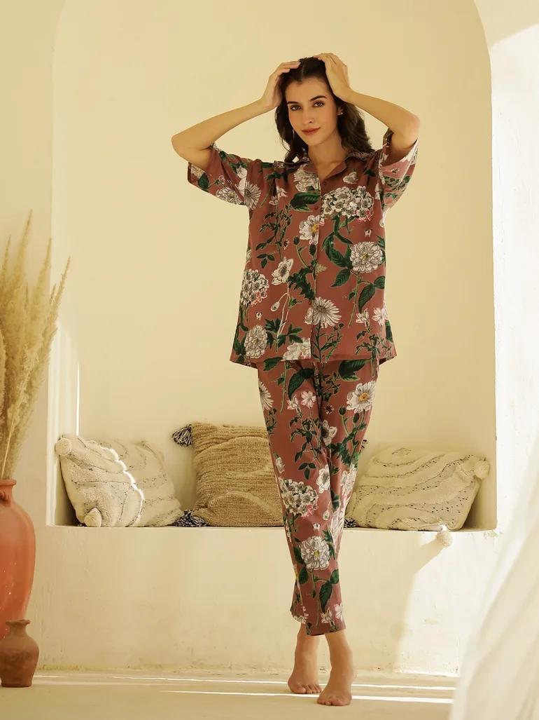 Floral Printed Cotton Shirt and Pyjama Set - 2