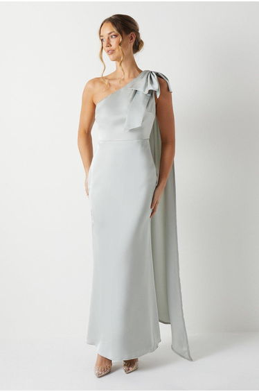 Bow And Drape Detail One Shoulder Satin Dress