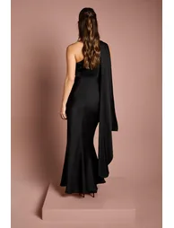 One Shoulder Satin Maxi Dress With Gold Trim - 2