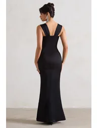 A Romantic | Black Satin Corset Wrap Maxi Dress - 1