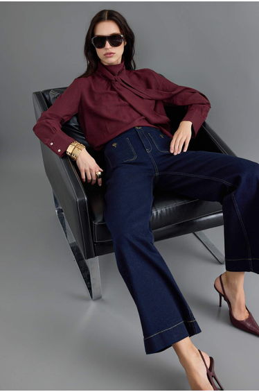 Dark Blue Medium Stretch High Waist Wide Leg Jeans with Pocket Detail product thumbnail 3