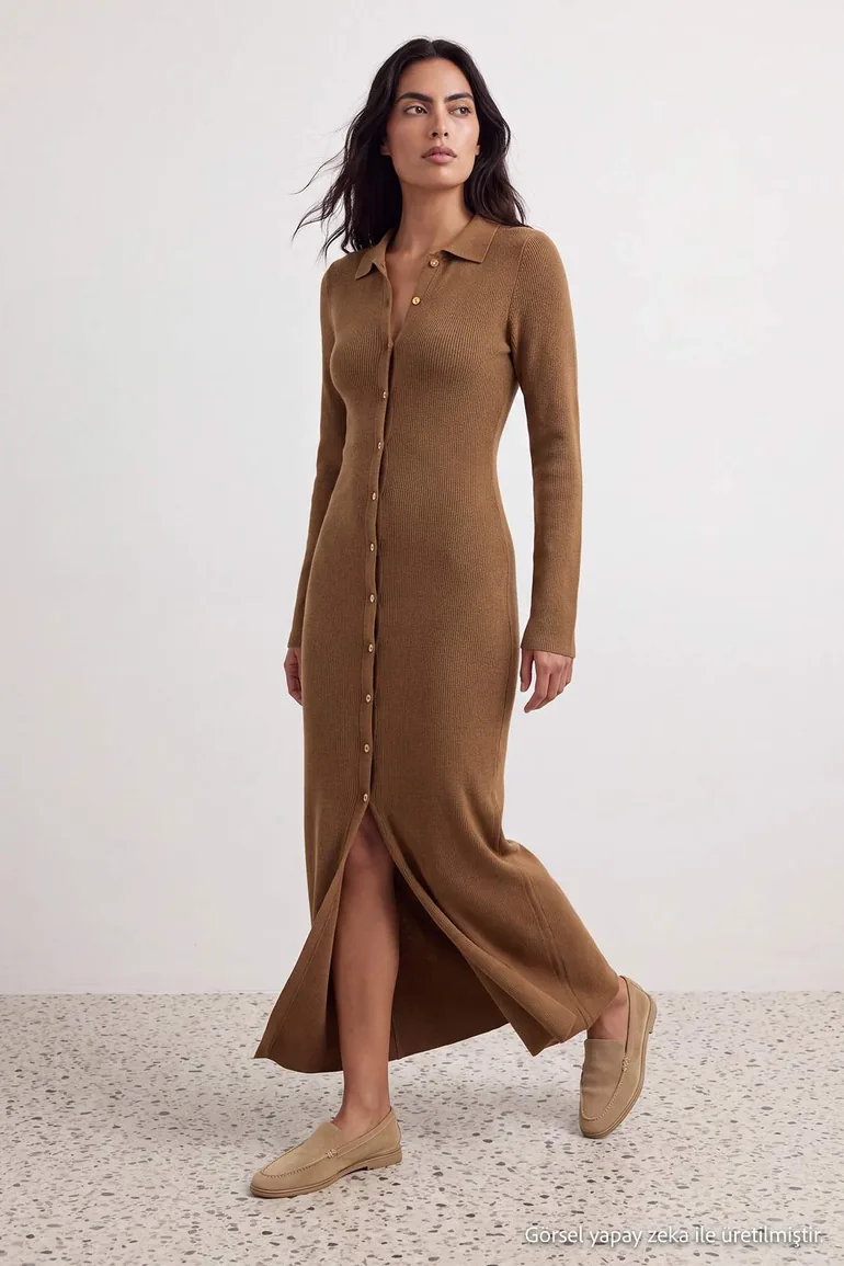 Brown Maxi Length Knitwear Cotton Dress - 1