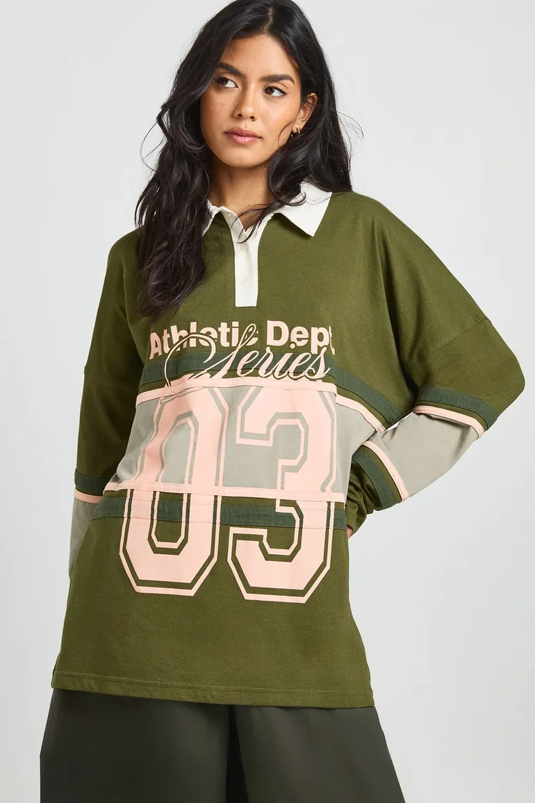 Varsity Graphic Front Contrast Rugby Top - olive - 1