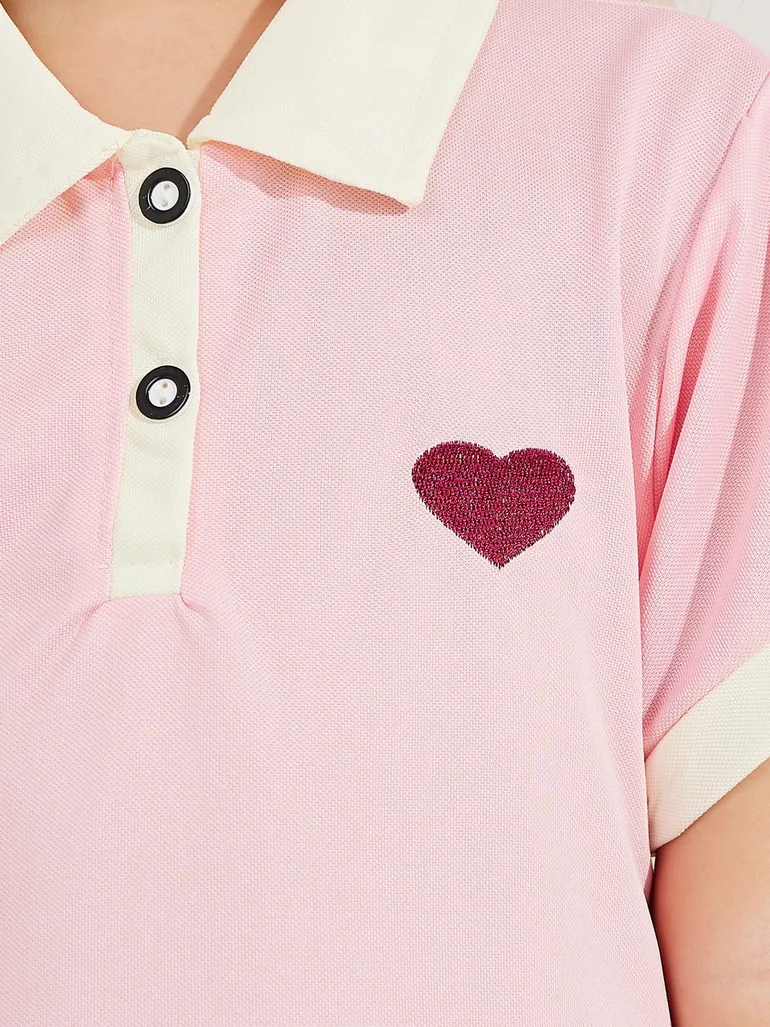 Preppy Heart Embroidery Cotton Polo Dress - 2