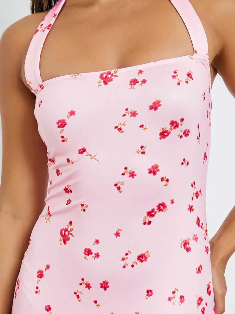 Pink Floral Halter Neck Maxi Dress - 3