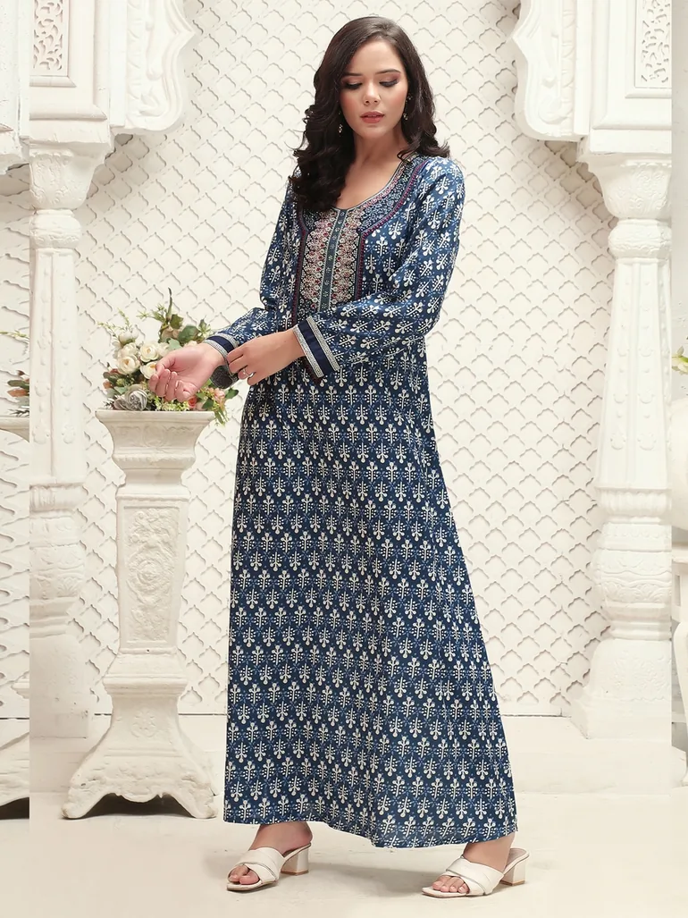 Navy Blue All Over Print Jalabiya - 3
