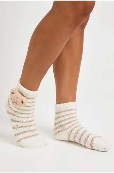 Novelty Bear Fluffy Socks - beige