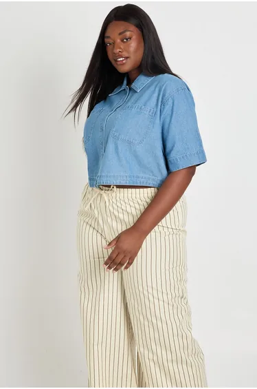 Plus Chambray Pocket Longline Crop Shirt - mid wash