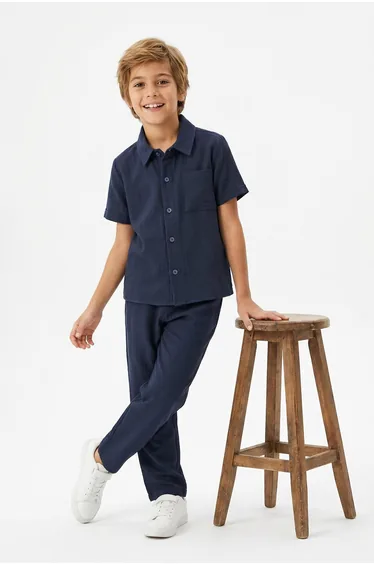 Navy Blue Textured Woven Bottom - Top Set