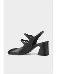 Black Leather Women's Heeled Shoes - 2