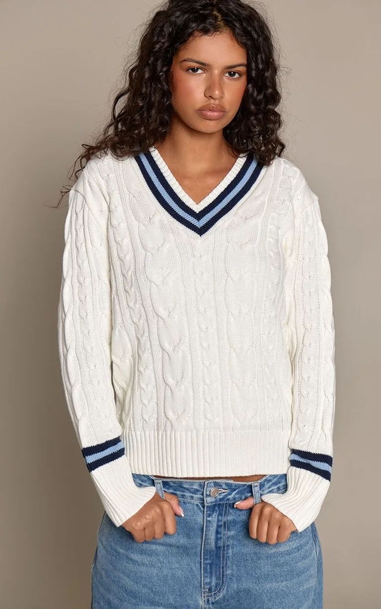 Cream V Neck Cable Knit Contrast Stripe Jumper - 1