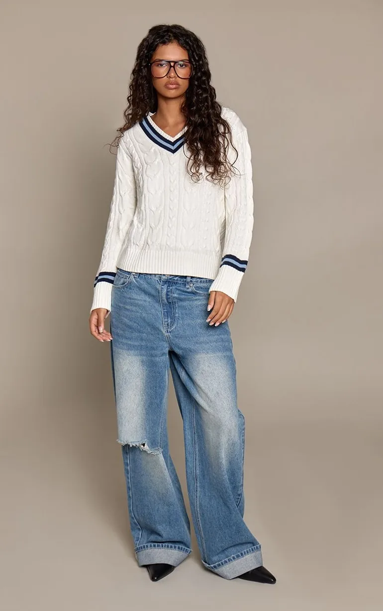 Cream V Neck Cable Knit Contrast Stripe Jumper