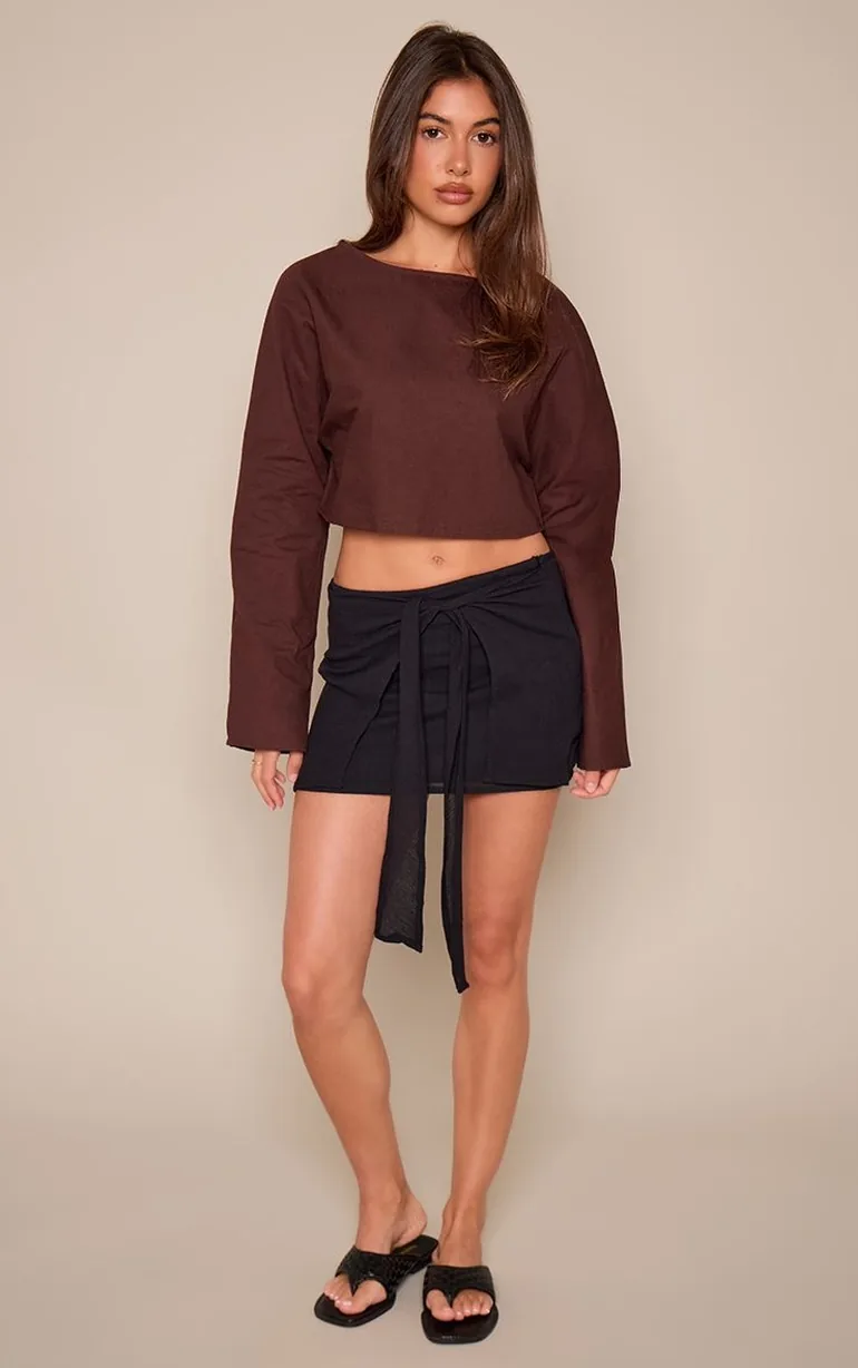 Chocolate Linen Long Sleeve Cape Top - 2