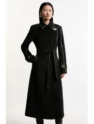 Petite Brushed Wool Pu Trim Belted Tailored Double Breasted Midi Coat