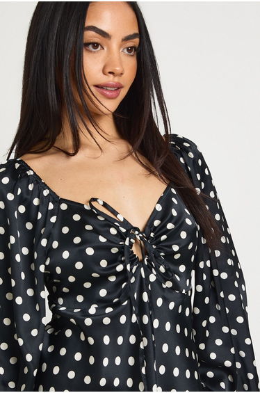 Polka Dot Volume Sleeve Satin Mini Dress - black product thumbnail 3