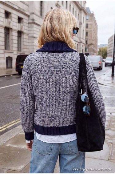Navy Blue Soft Textured Coat-Looking Knitwear Cardigan product thumbnail 4