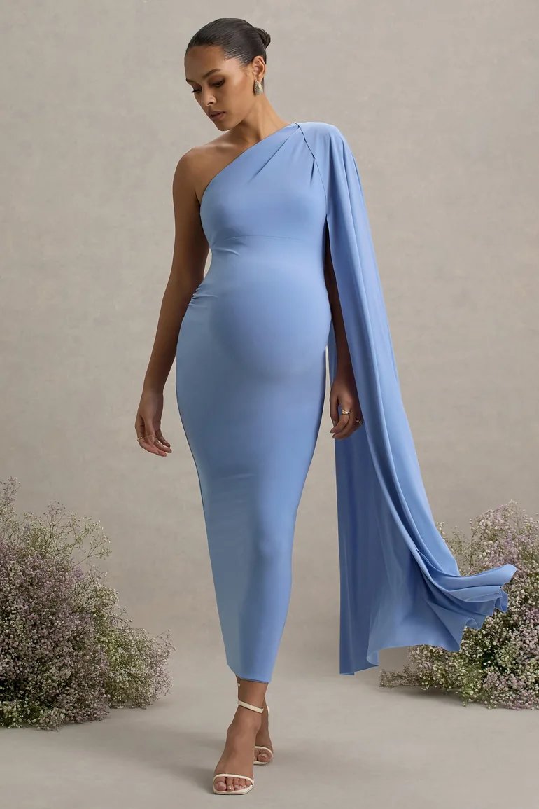 Amaryllis | Powder Blue Maternity One Shoulder Maxi Dress with Cape Sleeve