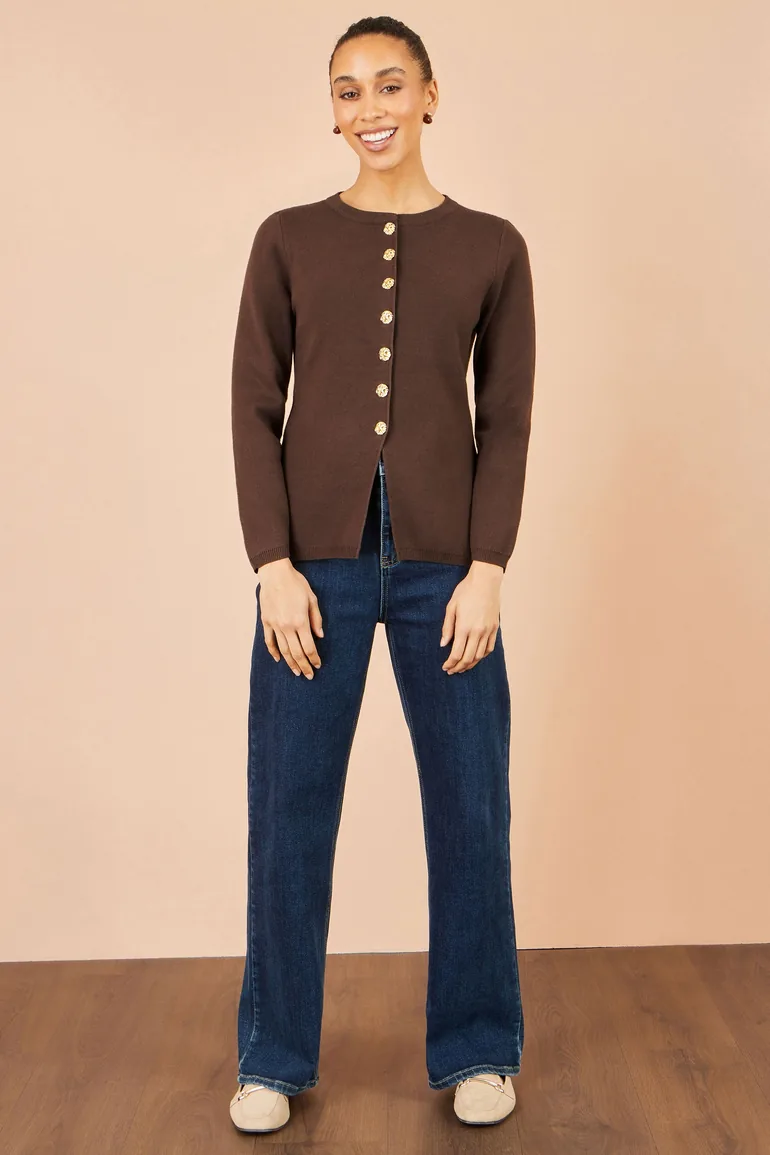 Yumi Brown Knitted Fitted Peplum Cardigan - 4