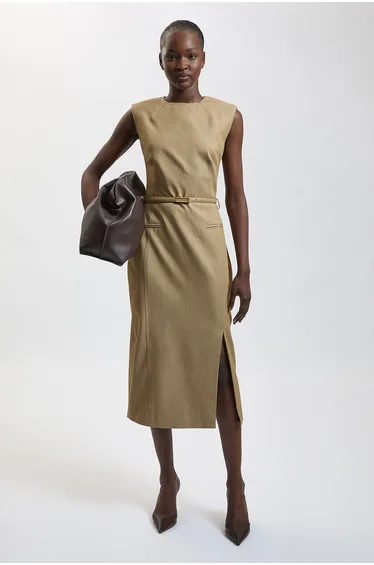 Tailored Belted Midi Skirt Pencil Dress