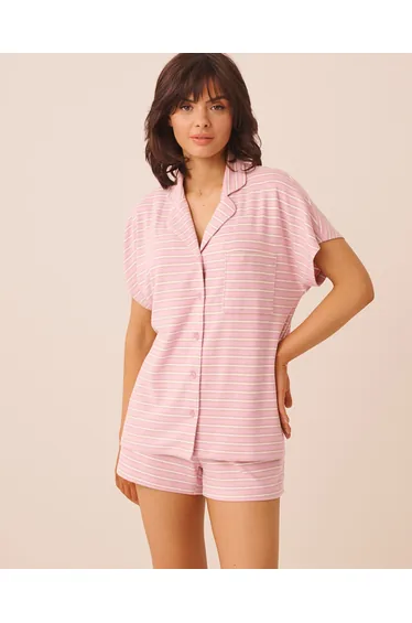 Striped Soft Knit Short Sleeve Button-down Shirt