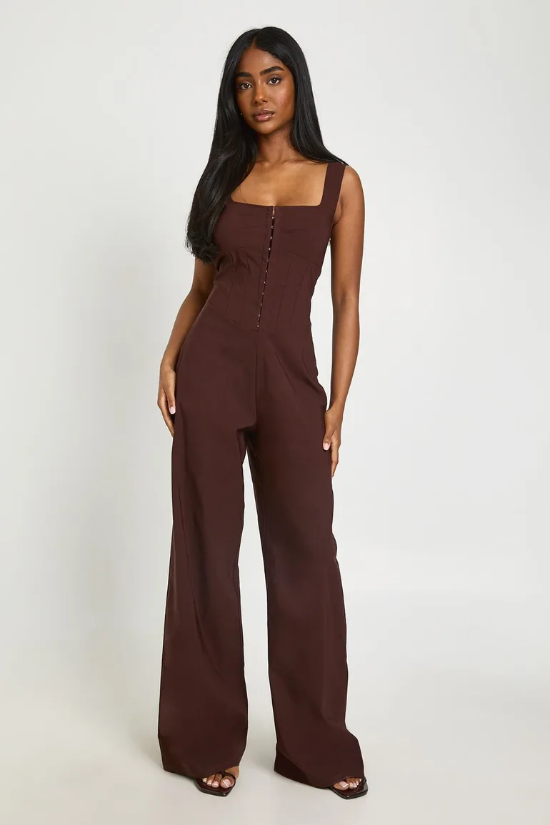 Corset Detail Wide Leg Jumpsuit - chocolate - 1