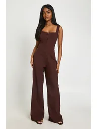 Corset Detail Wide Leg Jumpsuit - chocolate - 1