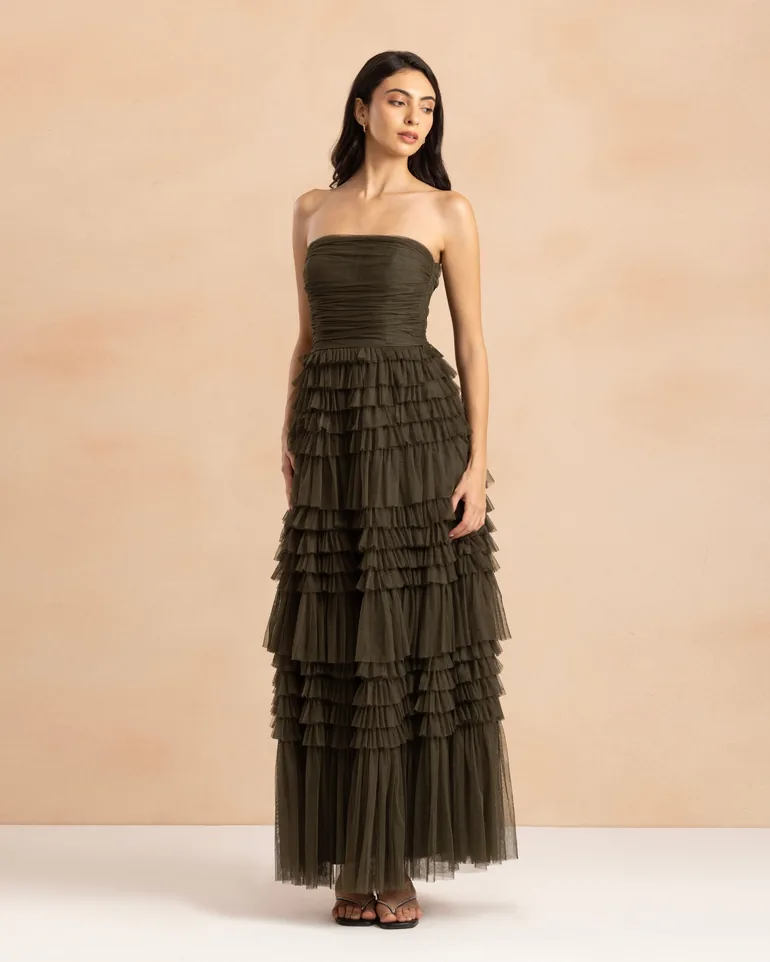 Annabelle Tulle Maxi Dress in Dark Olive - 1