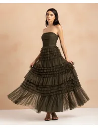 Annabelle Tulle Maxi Dress in Dark Olive - 3