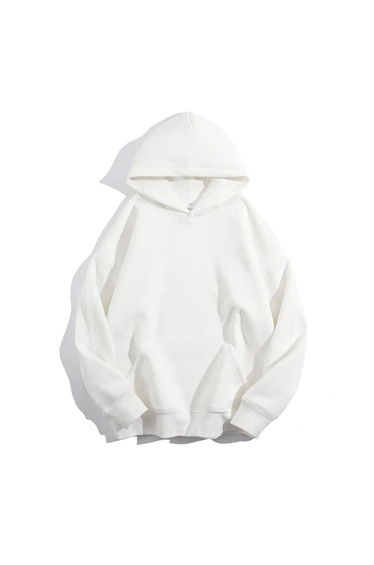 Women's 3 Yarn White Plain Oversize Hooded Sweatshirt Hodie