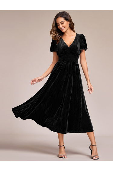 ever AZALEA|Graceful V-Neck Waist Design Short Sleeves Fall Velvet Midi Wedding Guest Dress
