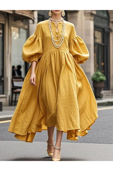 Loose Puff Sleeves Solid Color Round-neck Maxi Dresses