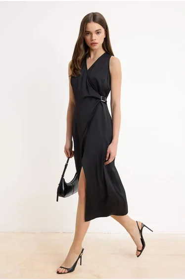 Black Accessory Detail Double-Breasted Closure Satin Midi Woven Dress