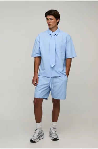 Boxy Shirt, Tie & Short Set - light blue
